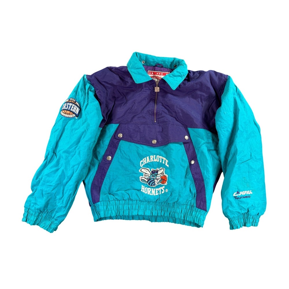 Vintage Nutmeg Charlotte Hornets 1/2 Zip Jacket Mens Large Teal Purple 90s NBA - Picture 1 of 16